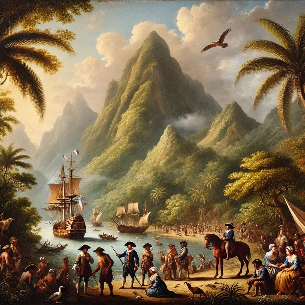 DALL·E 2024-09-24 19.10.39 - A painting in the style of 17th-century European classical art, depicting the discovery and early colonization of La Réunion island, with a focus on a