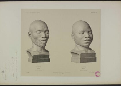 Cette estampe de Leveillé représente les « bustes moulés sur nature » par Dumoutier. Elle portent les mentions de Valentin Makoua Afrique orientale et de Makéra, Makoua, Afrique orientale. Muséum national d’Histoire naturelle, EST VOY 3, pl.21.