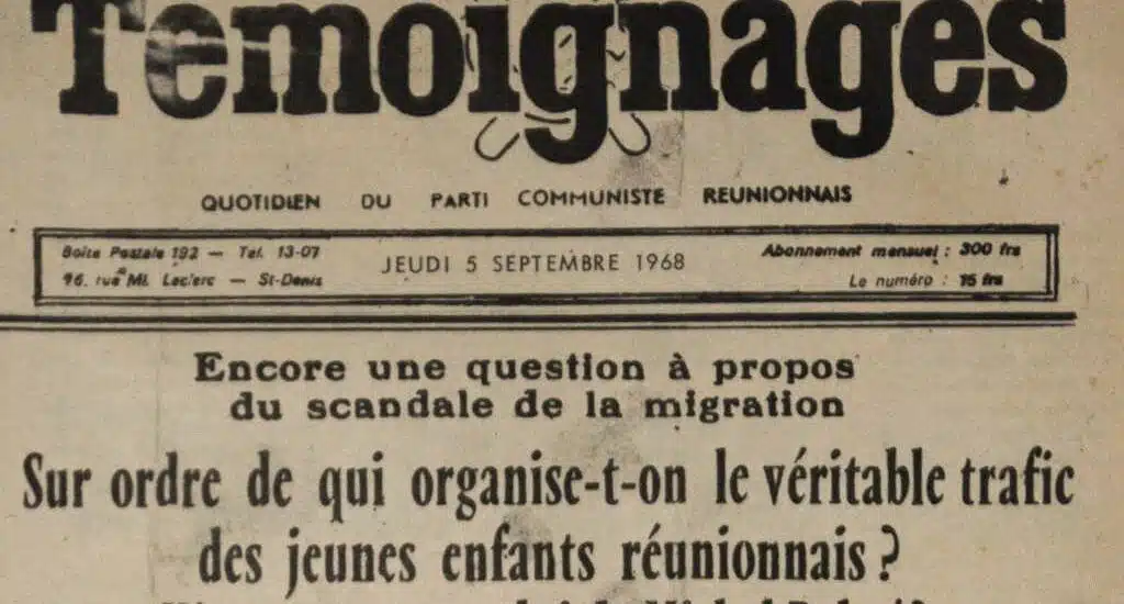 Une du journal Témoignages du 5 septembre 1968 qui mentionne l'affaire des "enfants de la Creuse".