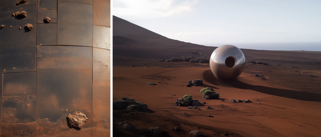 Lost Trekkers' Haven. Projet fictif à partir de photographies et d'IA. Imaginé à la Plaine des Sables.