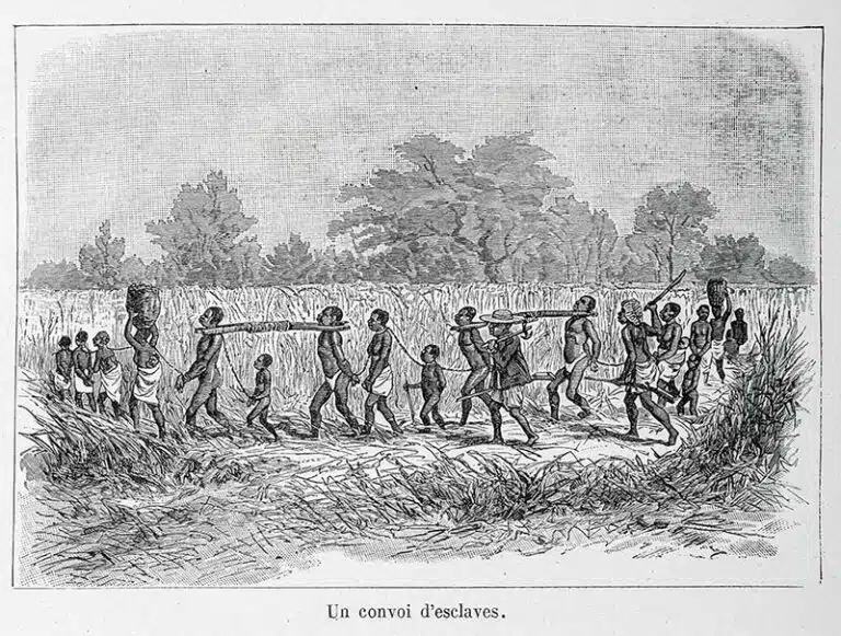 Convoi d’esclaves. In « Aventures de six français aux colonies. Bonnefont, Gaston. 1890 ». Musée historique de Villèle
