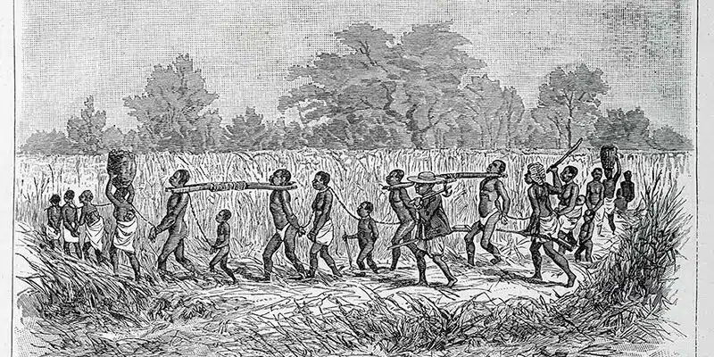 Convoi d’esclaves. In « Aventures de six français aux colonies. Bonnefont, Gaston. 1890 ». Musée historique de Villèle