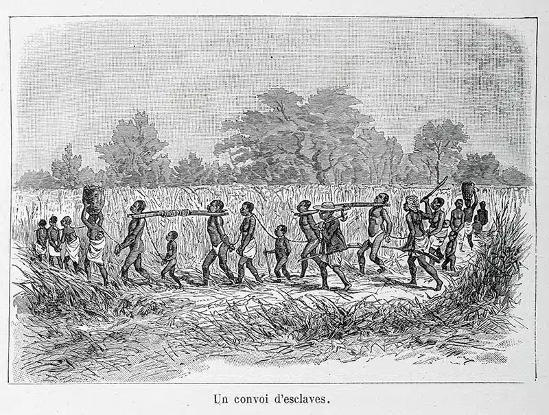 Convoi d’esclaves. In « Aventures de six français aux colonies. Bonnefont, Gaston. 1890 ». Musée historique de Villèle